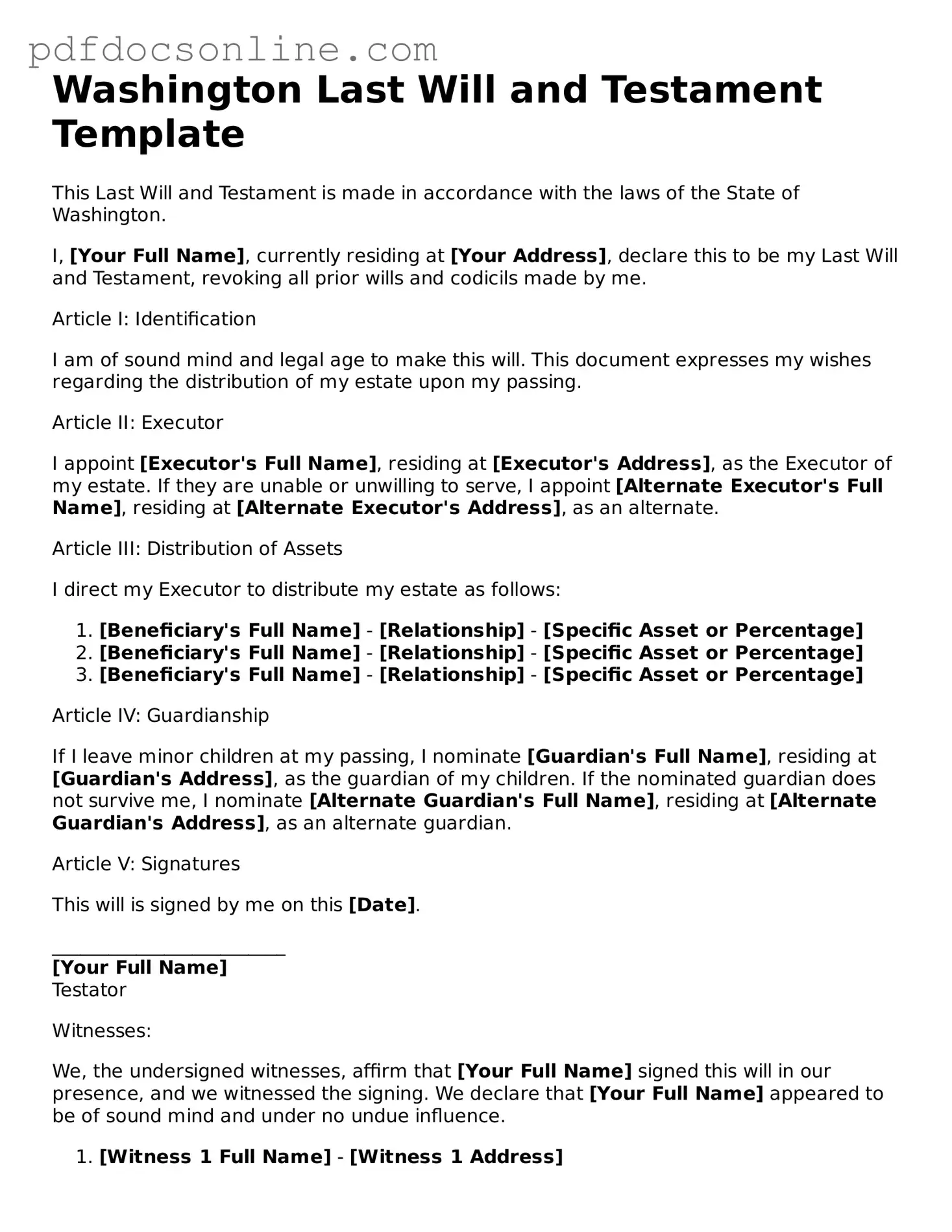Attorney-Verified  Last Will and Testament Form for Washington