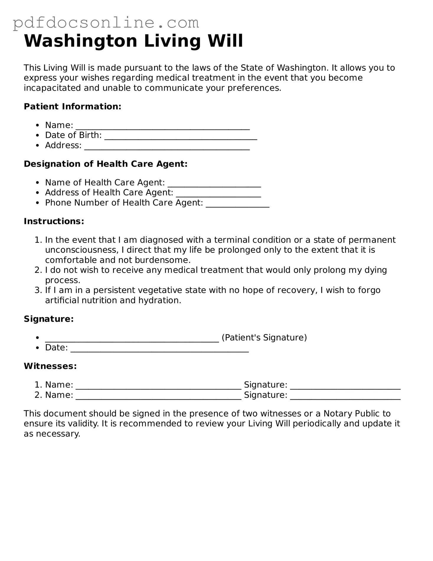Attorney-Verified  Living Will Form for Washington