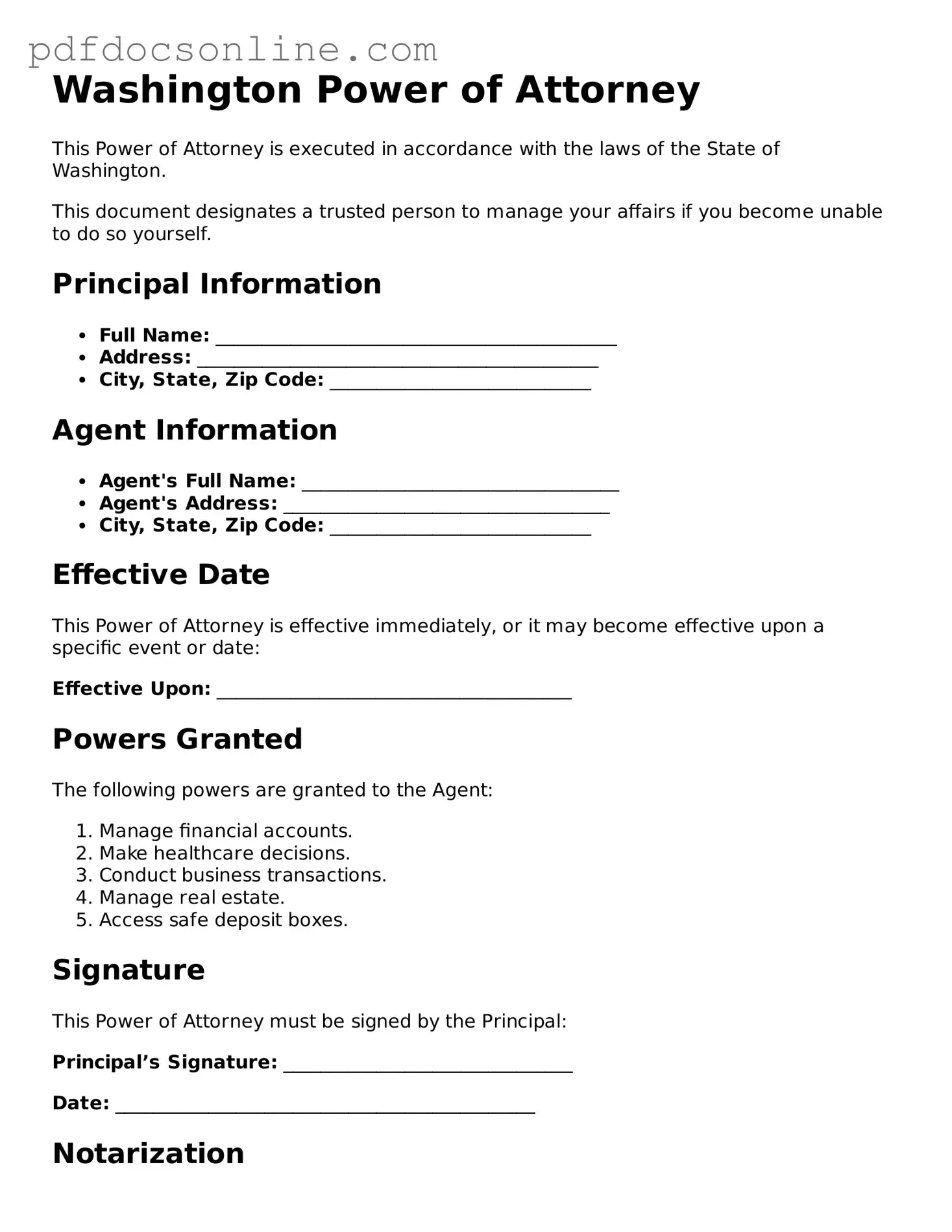 Attorney-Verified  Power of Attorney Form for Washington