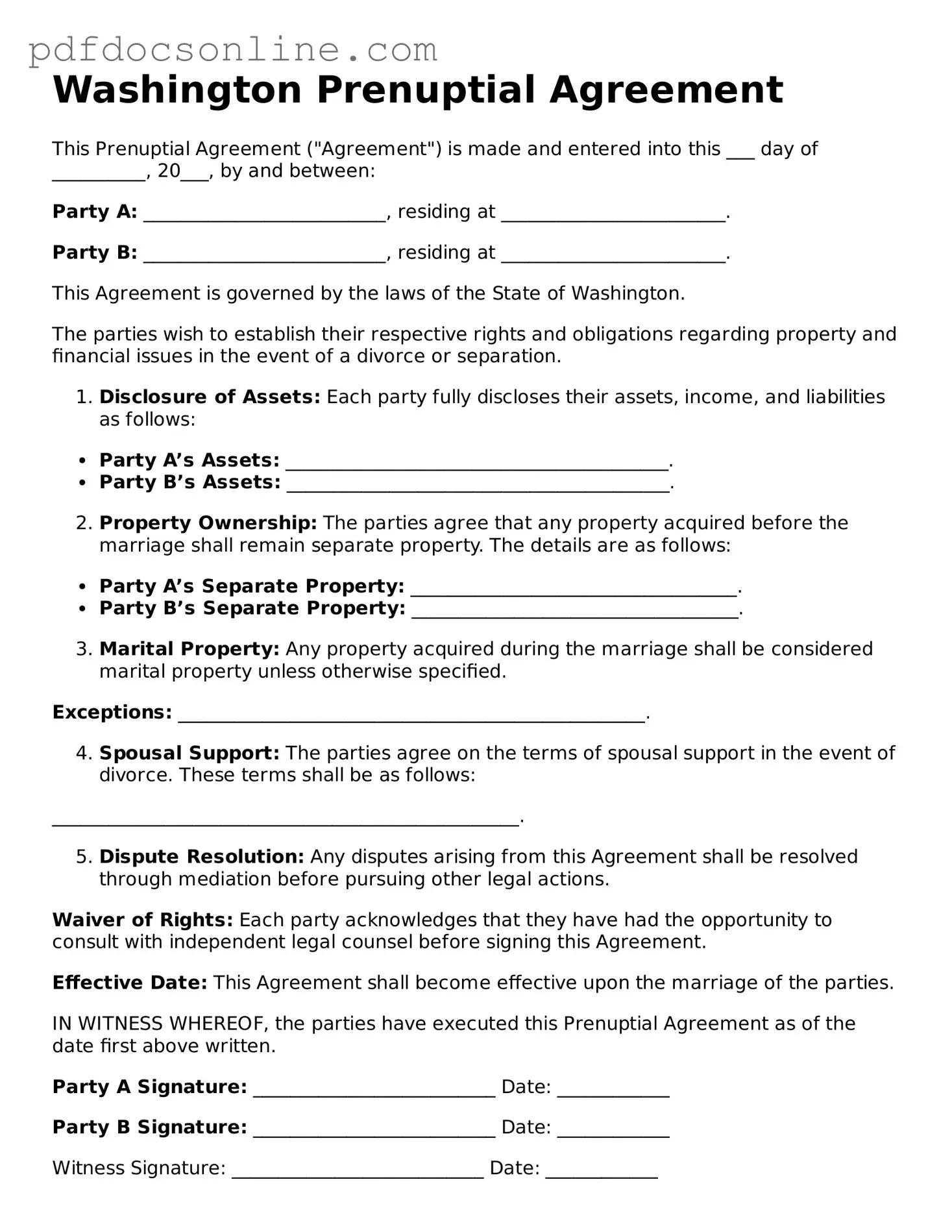 Attorney-Verified  Prenuptial Agreement Form for Washington