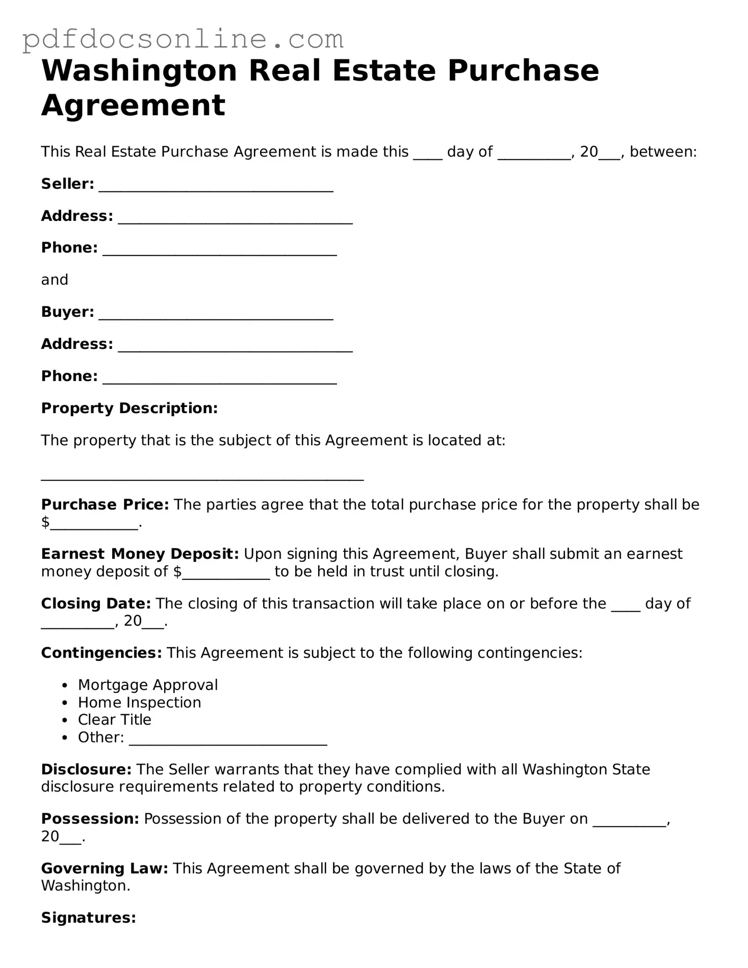 Attorney-Verified  Real Estate Purchase Agreement Form for Washington