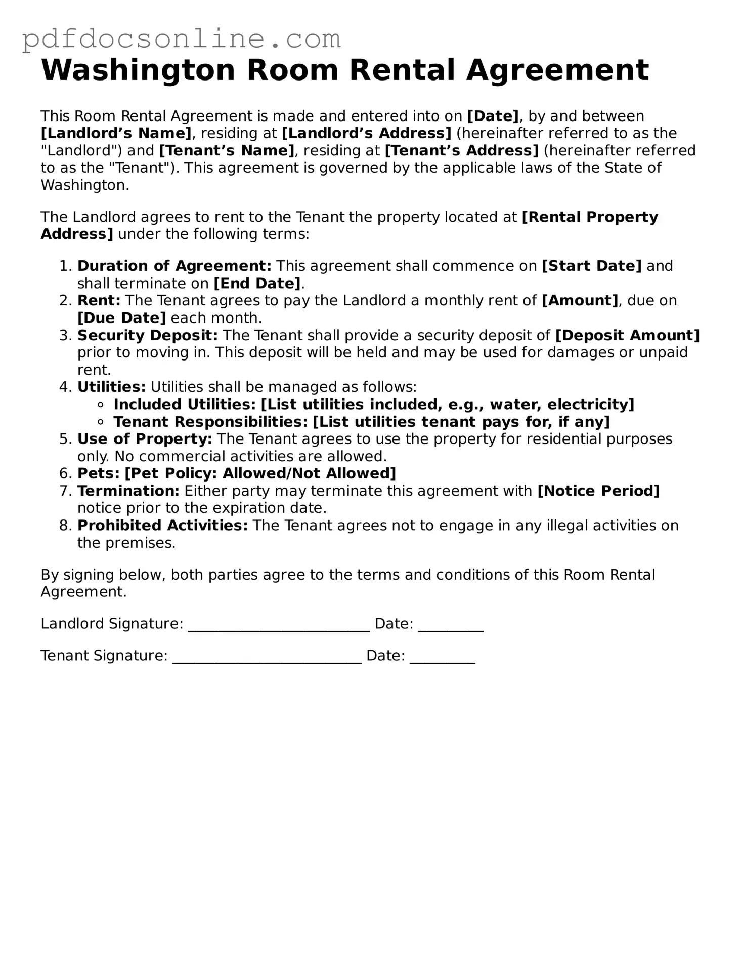 Attorney-Verified  Room Rental Agreement Form for Washington