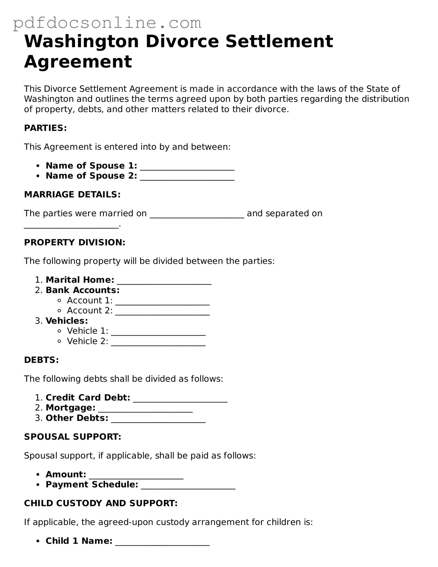 Attorney-Verified  Divorce Settlement Agreement Form for Washington