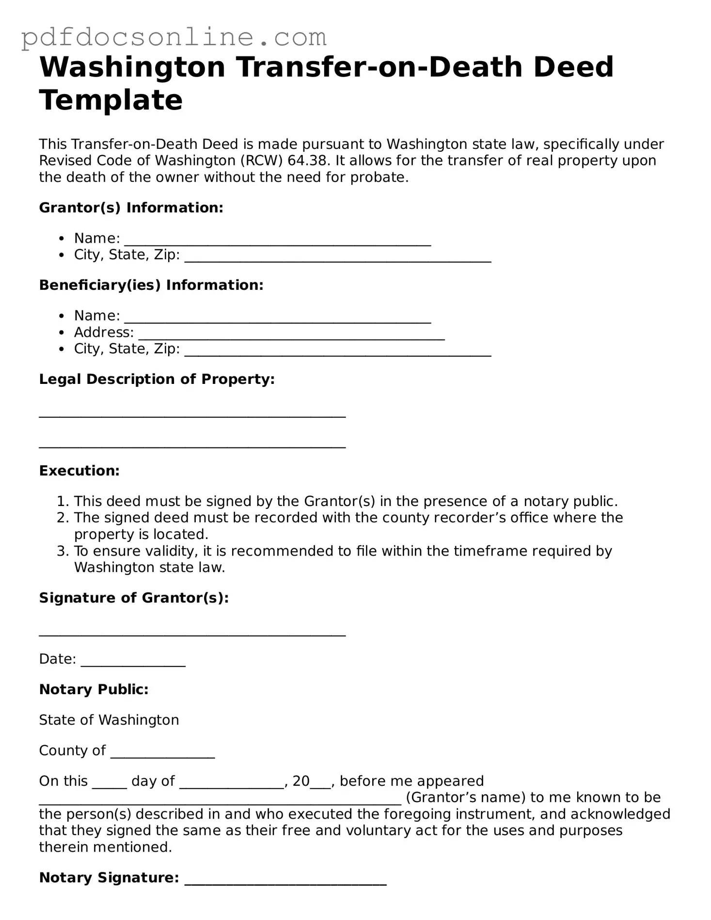 Attorney-Verified  Transfer-on-Death Deed Form for Washington