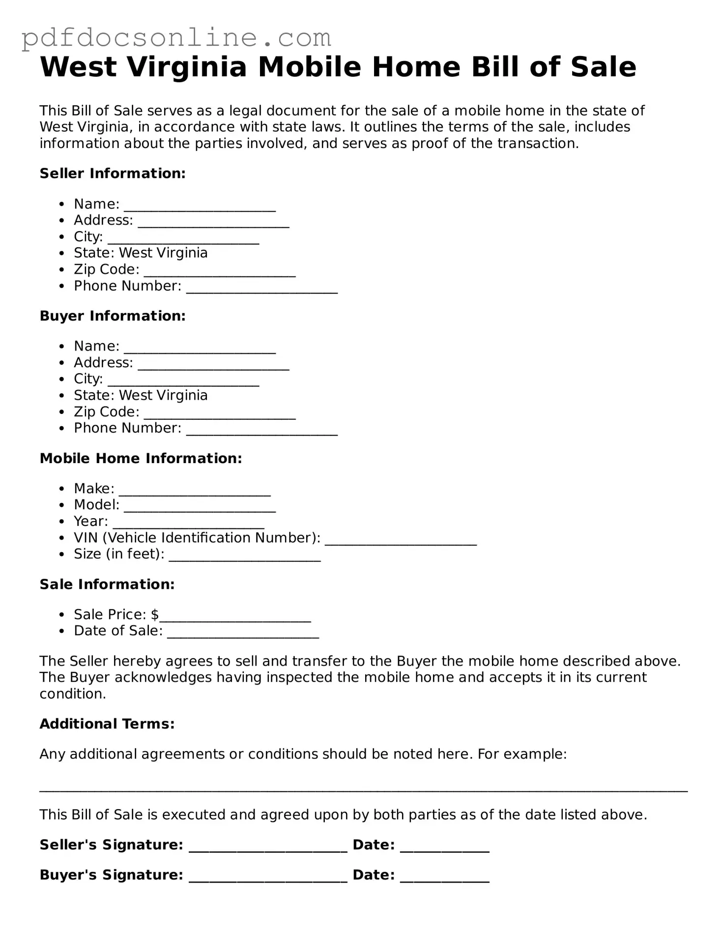 Attorney-Verified  Mobile Home Bill of Sale Form for West Virginia