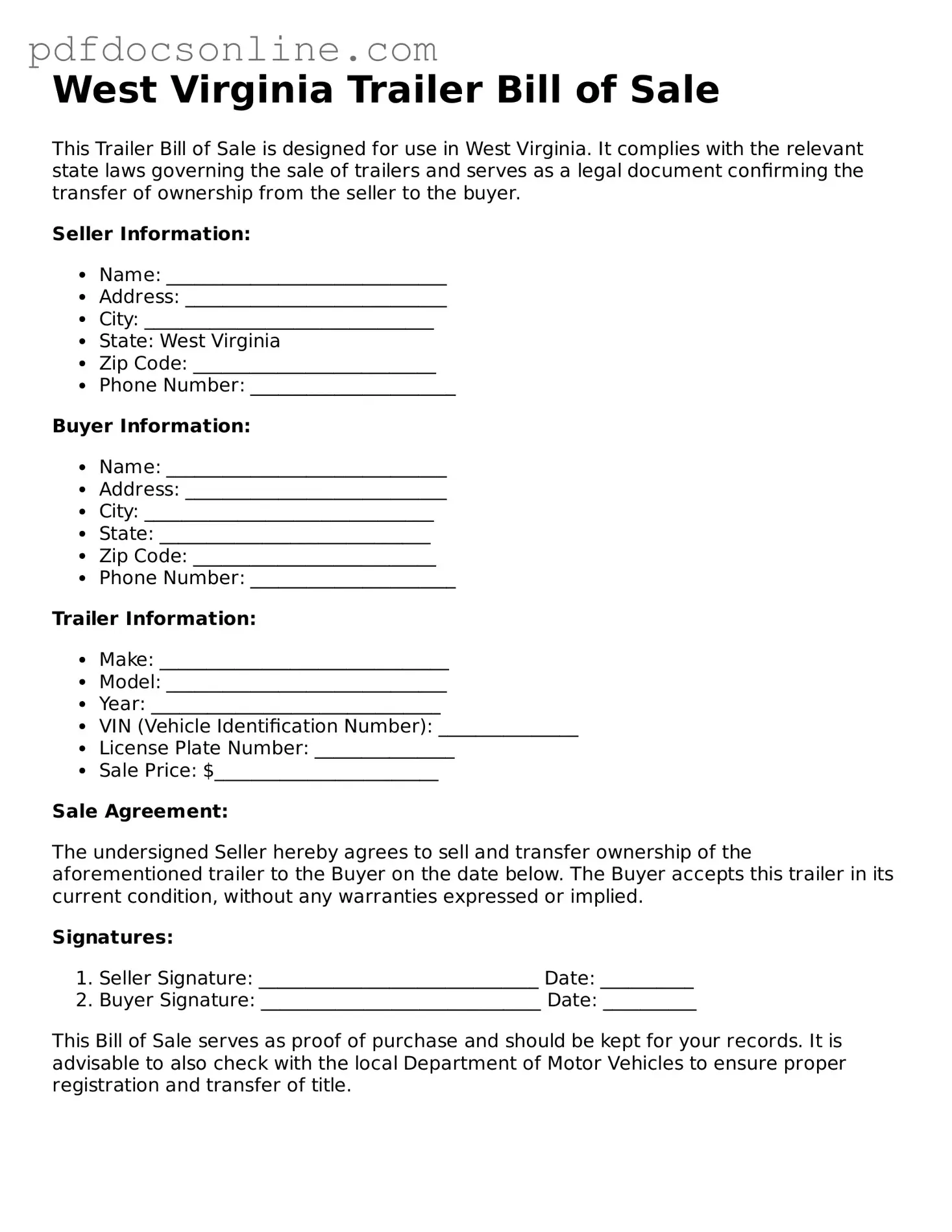 Attorney-Verified  Trailer Bill of Sale Form for West Virginia