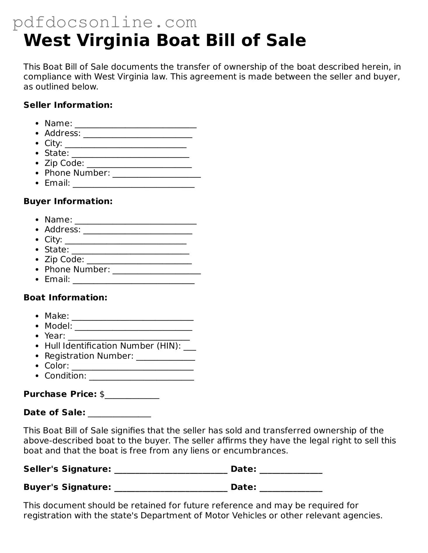 Attorney-Verified  Boat Bill of Sale Form for West Virginia