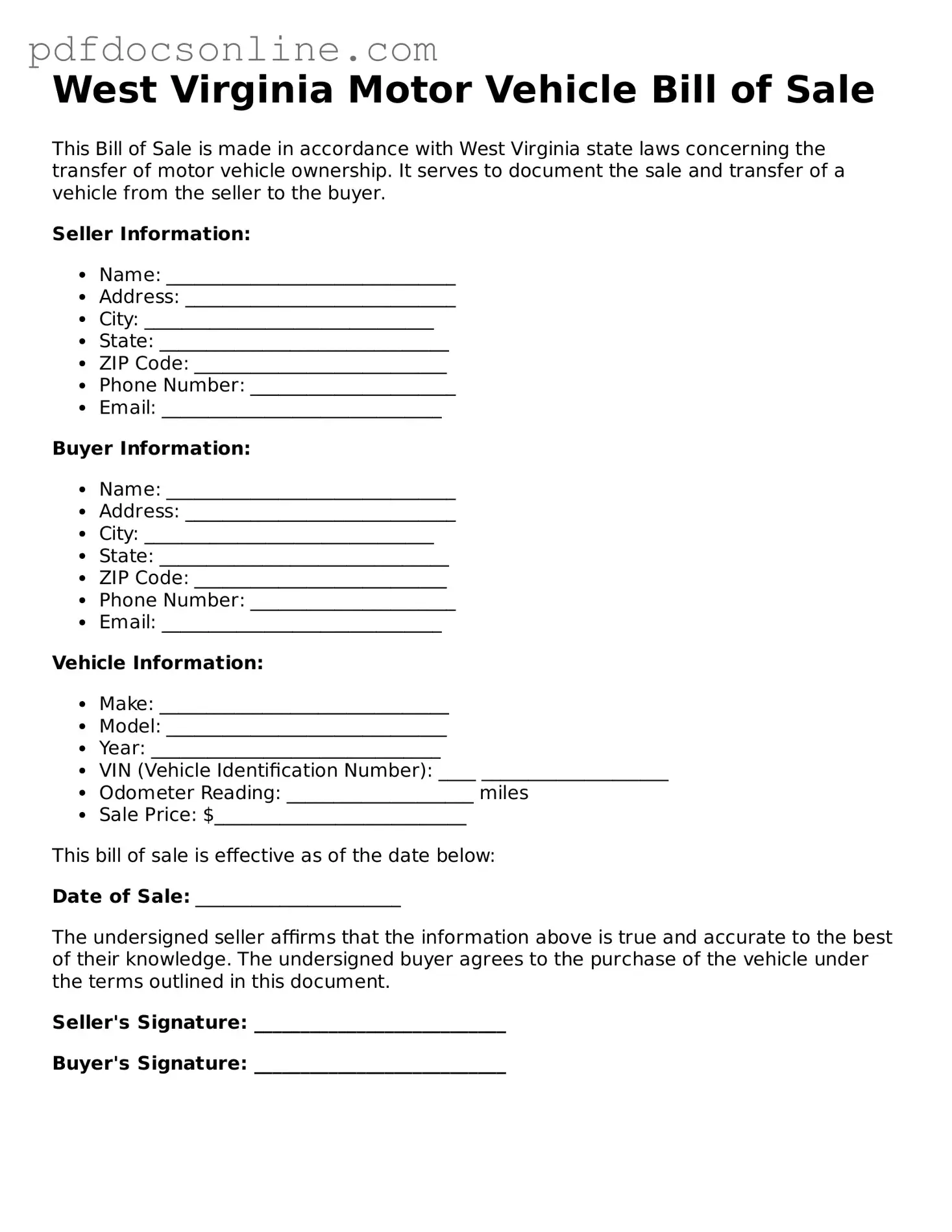 Attorney-Verified  Motor Vehicle Bill of Sale Form for West Virginia
