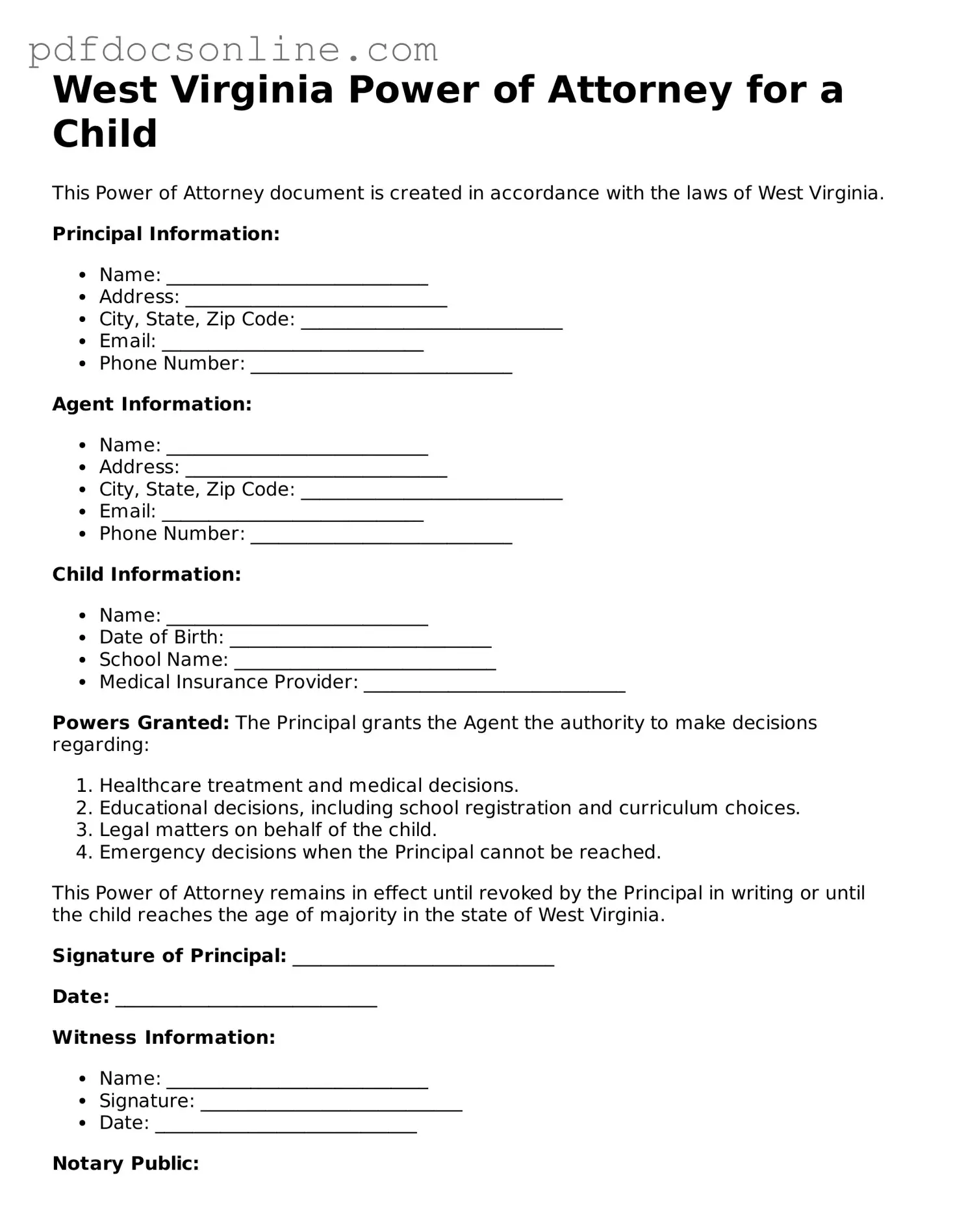 Attorney-Verified  Power of Attorney for a Child Form for West Virginia