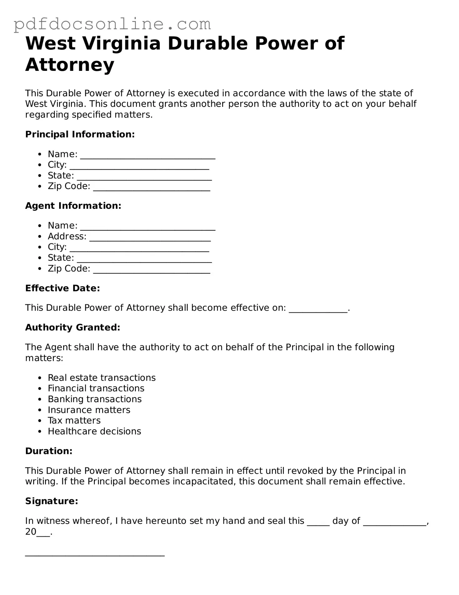 Attorney-Verified  Durable Power of Attorney Form for West Virginia