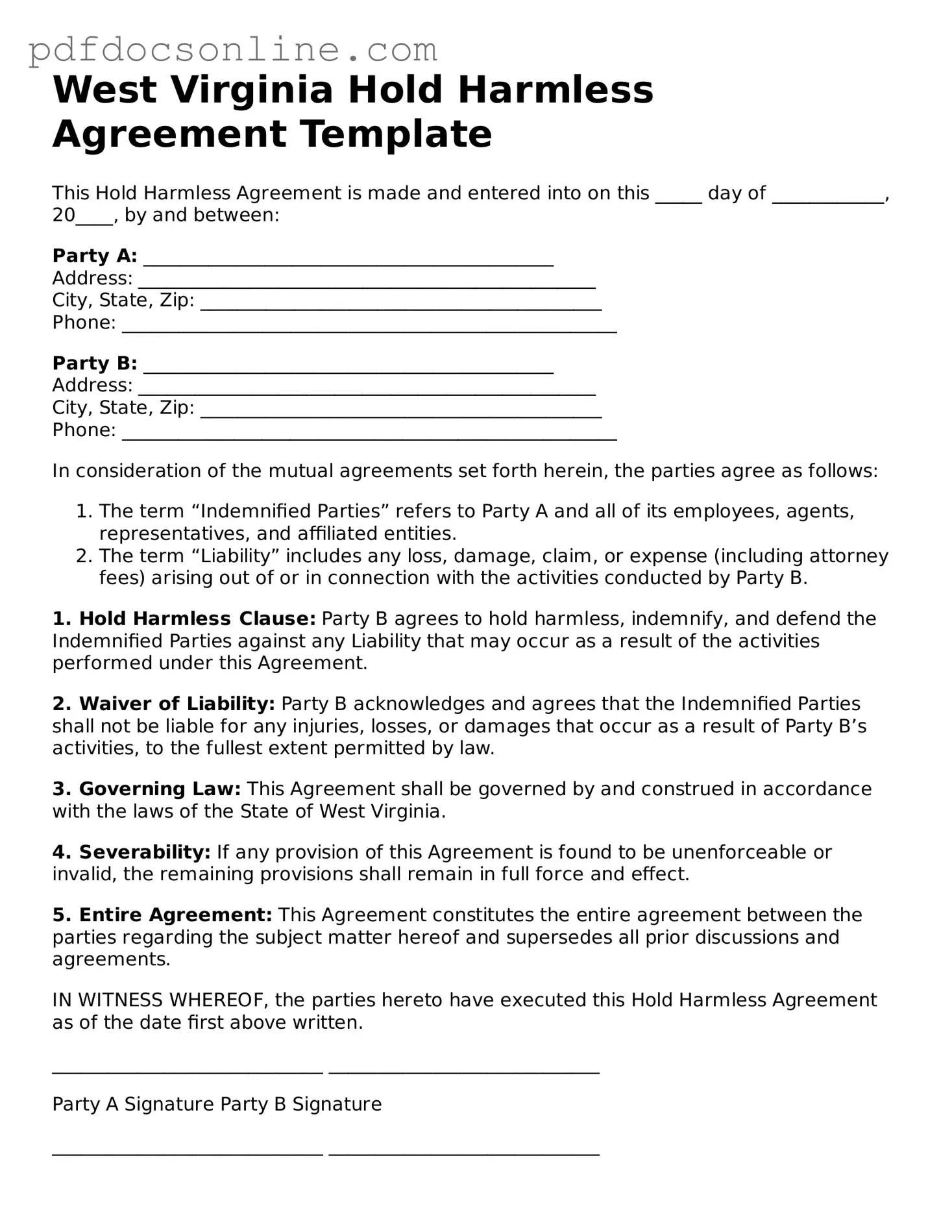 Attorney-Verified  Hold Harmless Agreement Form for West Virginia