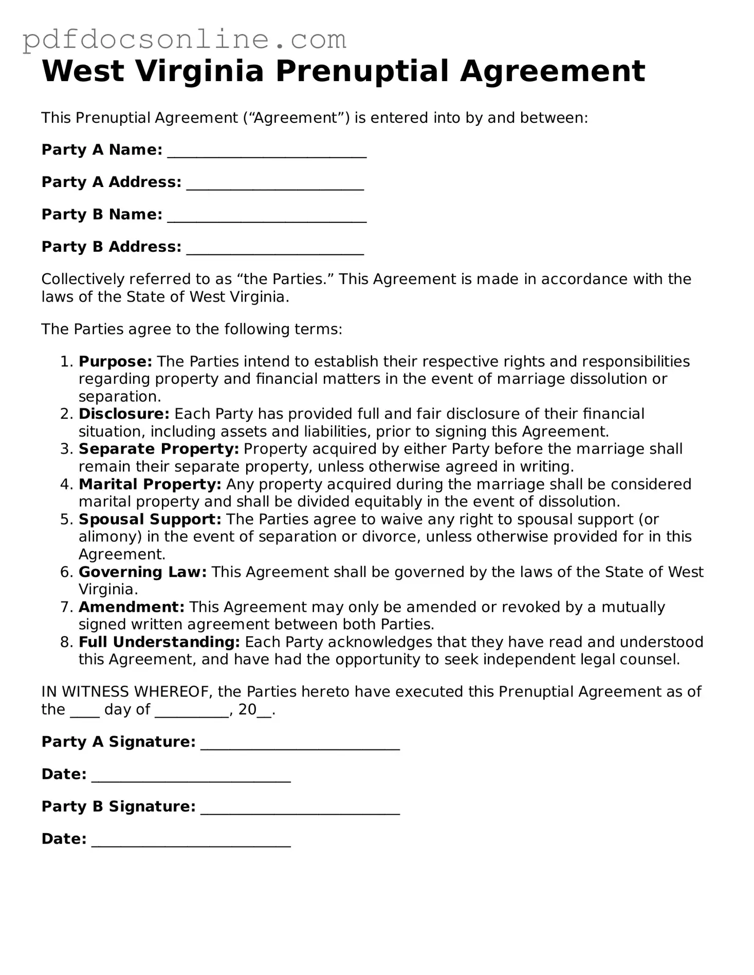 Attorney-Verified  Prenuptial Agreement Form for West Virginia