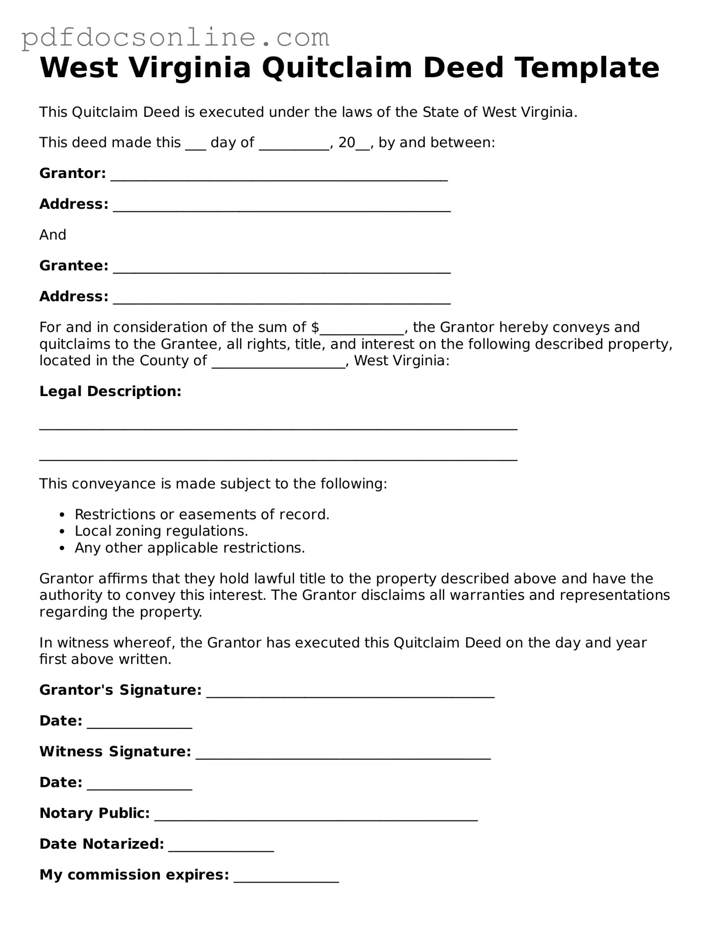 Attorney-Verified  Quitclaim Deed Form for West Virginia