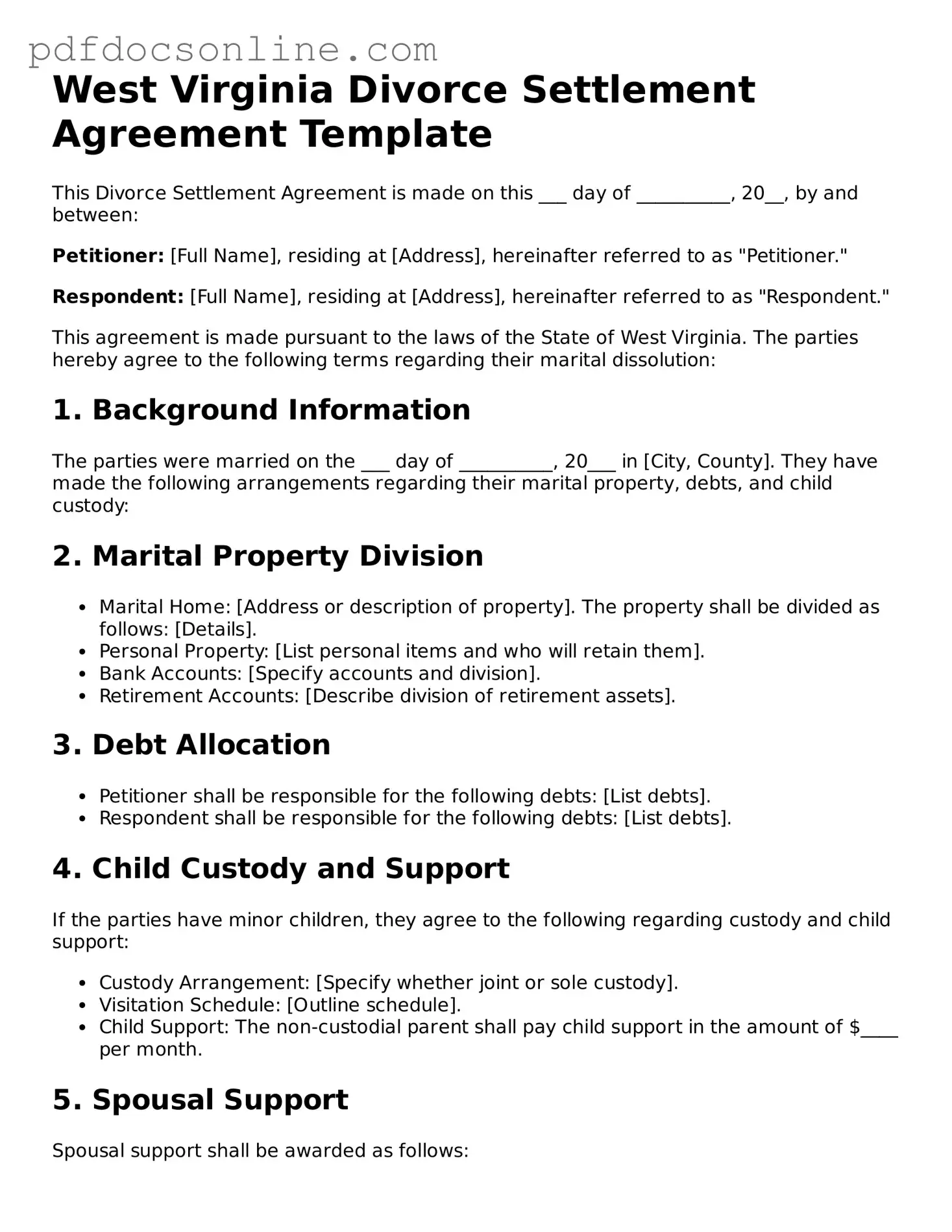 Attorney-Verified  Divorce Settlement Agreement Form for West Virginia
