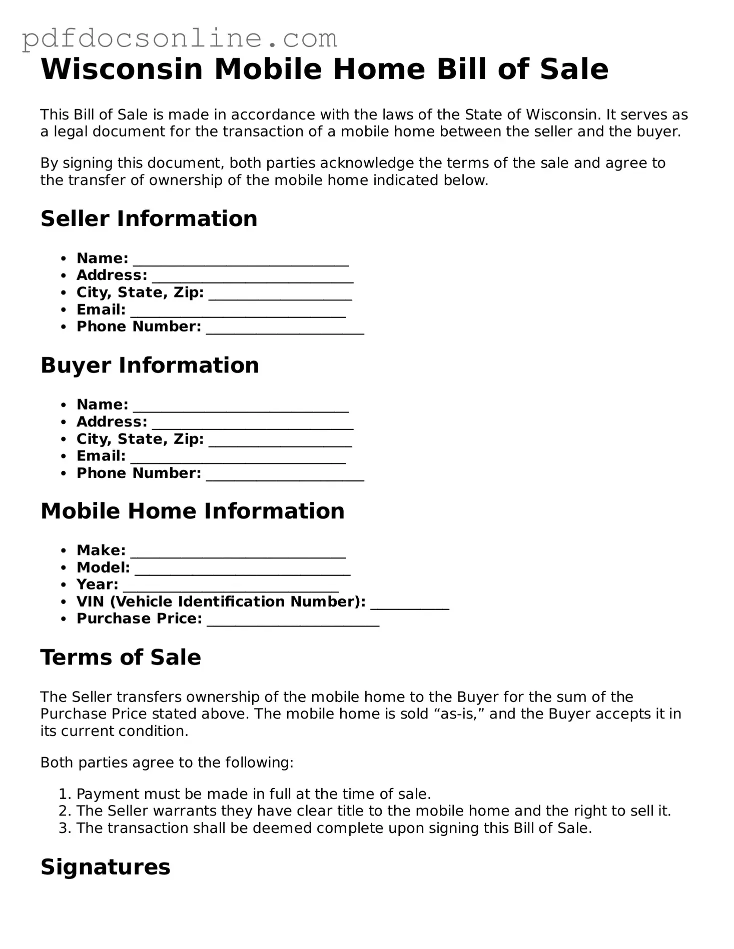 Attorney-Verified  Mobile Home Bill of Sale Form for Wisconsin