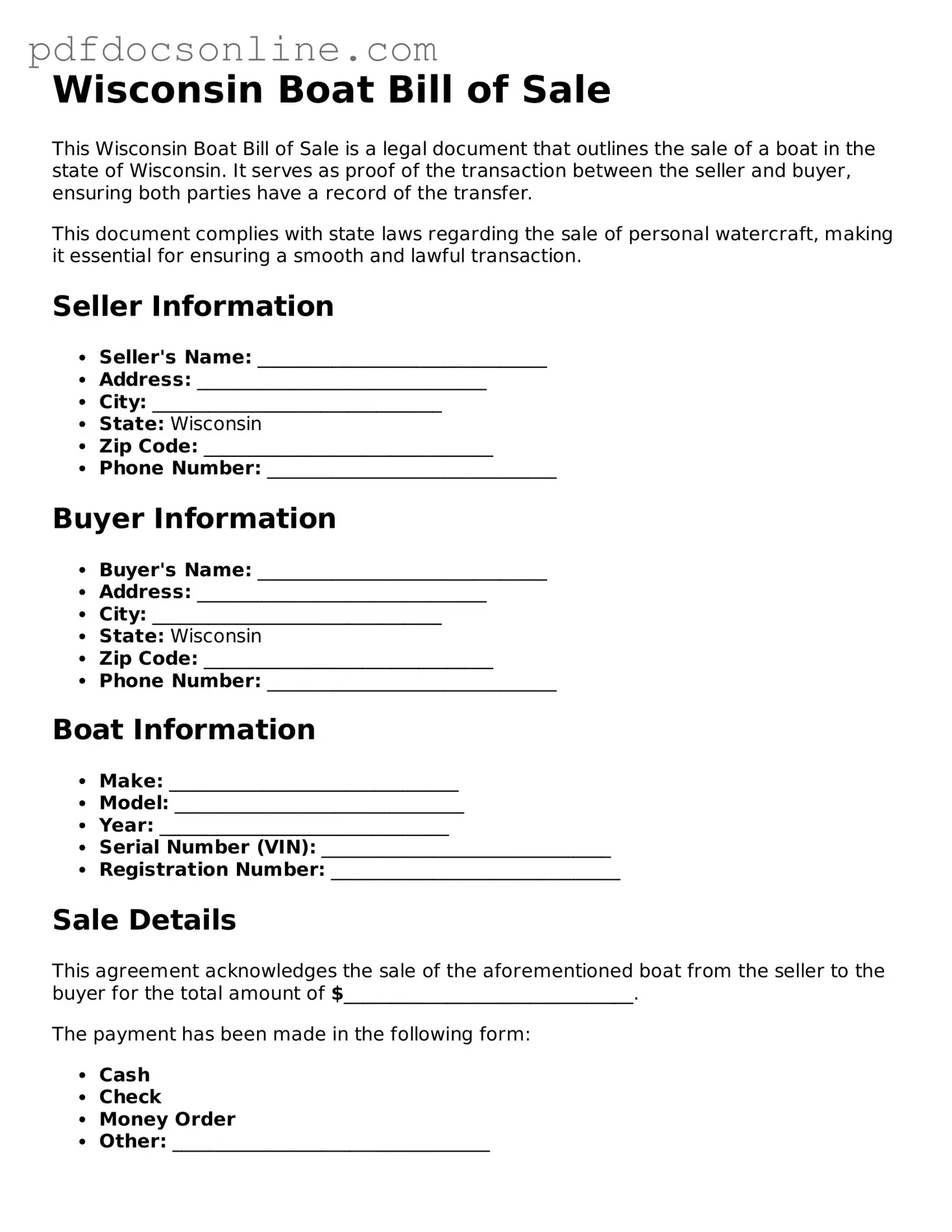 Attorney-Verified  Boat Bill of Sale Form for Wisconsin