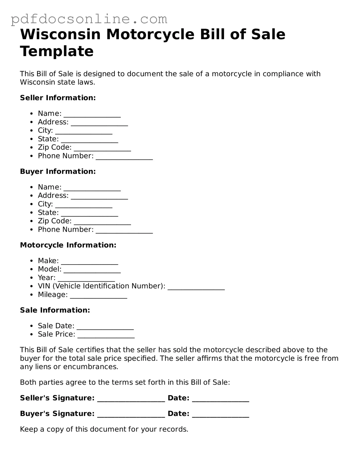 Attorney-Verified  Motorcycle Bill of Sale Form for Wisconsin