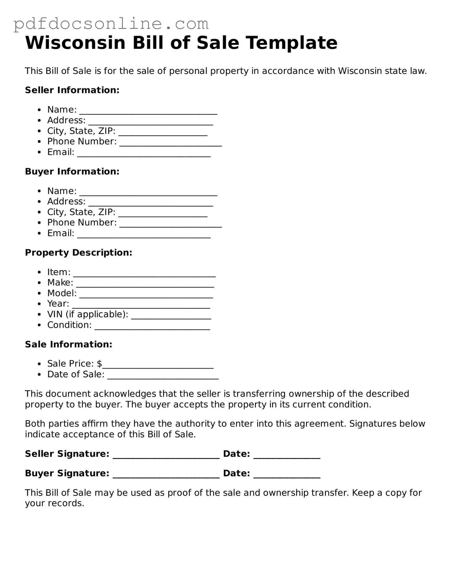 Attorney-Verified  Bill of Sale Form for Wisconsin