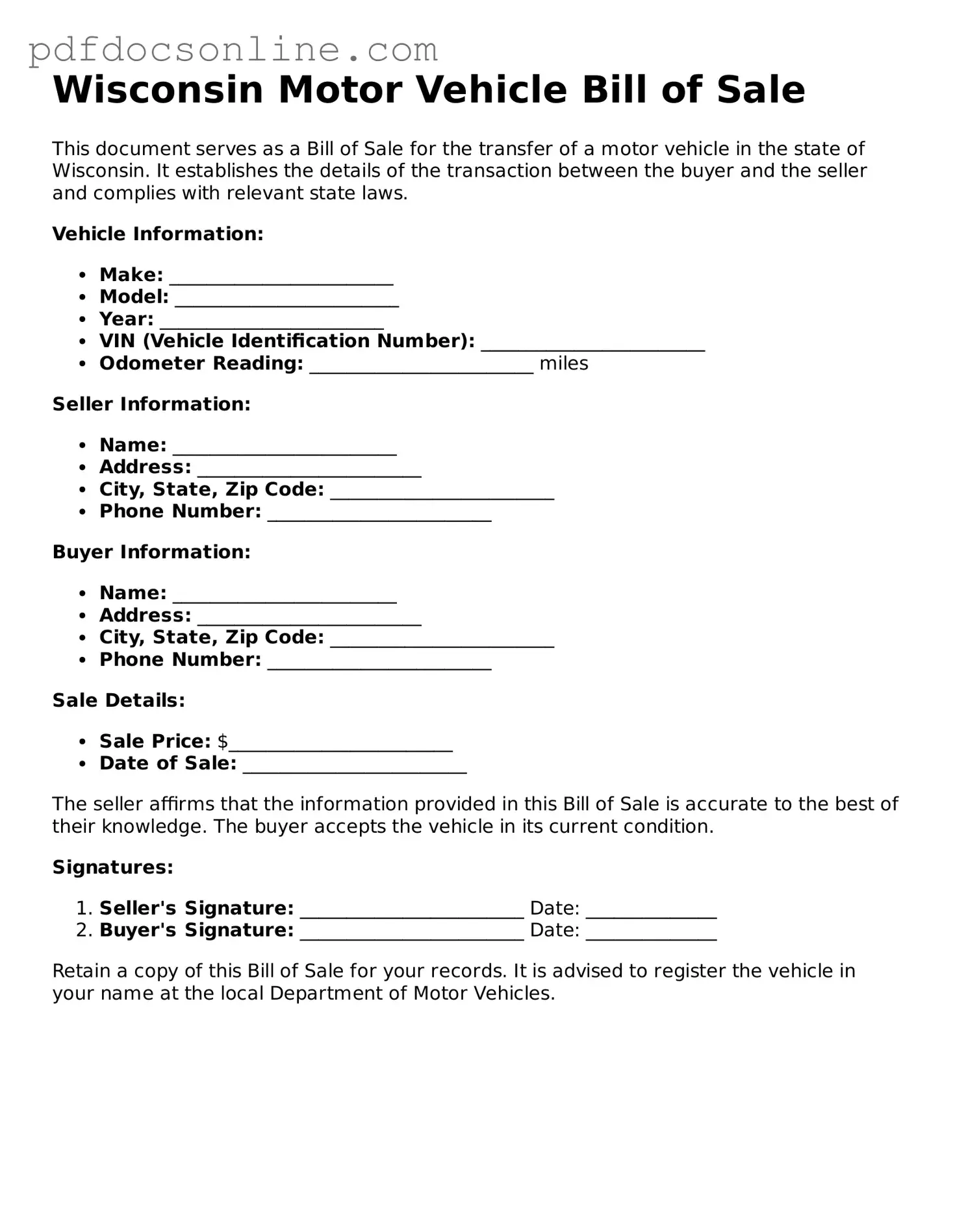 Attorney-Verified  Motor Vehicle Bill of Sale Form for Wisconsin