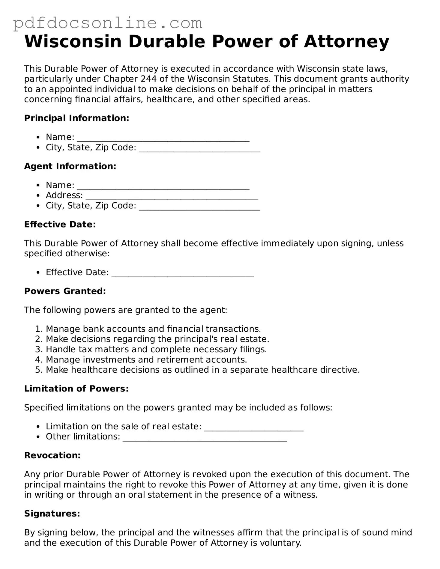 Attorney-Verified  Durable Power of Attorney Form for Wisconsin