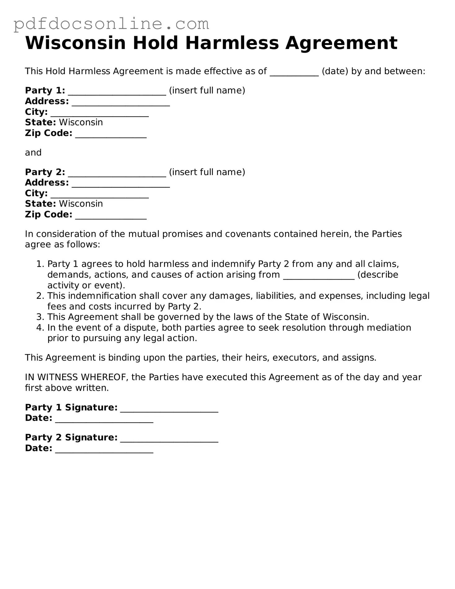 Attorney-Verified  Hold Harmless Agreement Form for Wisconsin