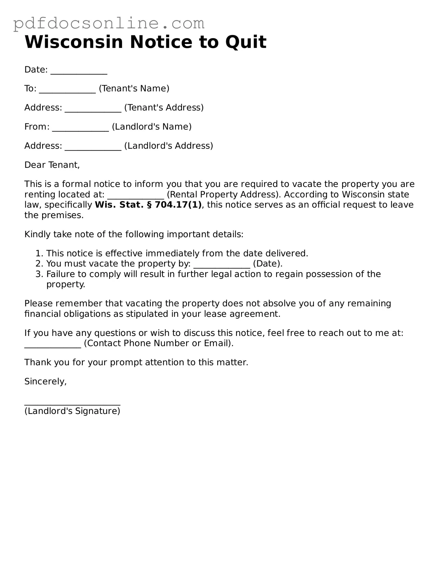 Attorney-Verified  Notice to Quit Form for Wisconsin
