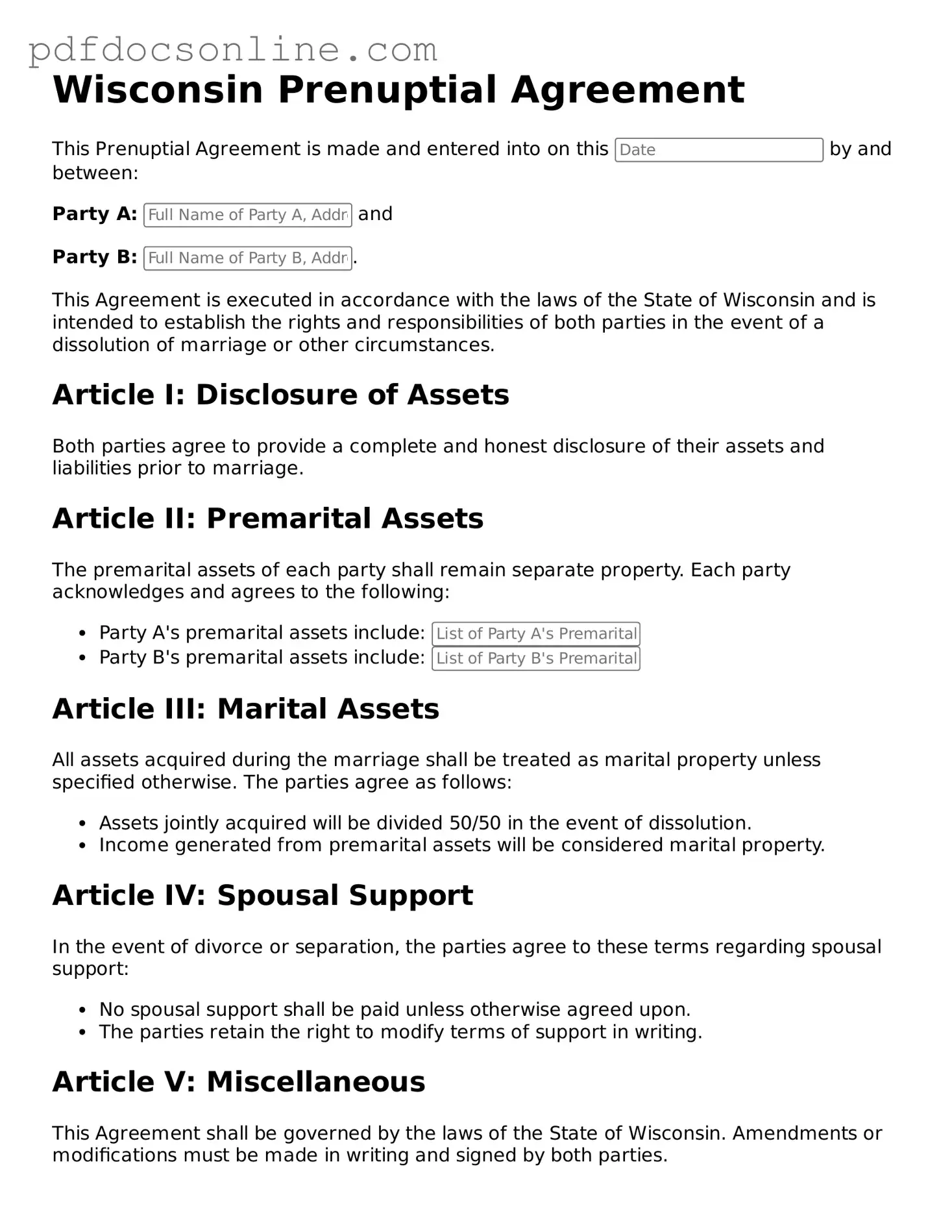 Attorney-Verified  Prenuptial Agreement Form for Wisconsin
