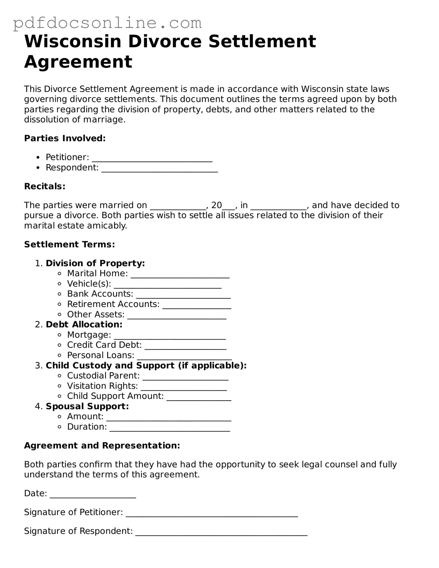 Attorney-Verified  Divorce Settlement Agreement Form for Wisconsin