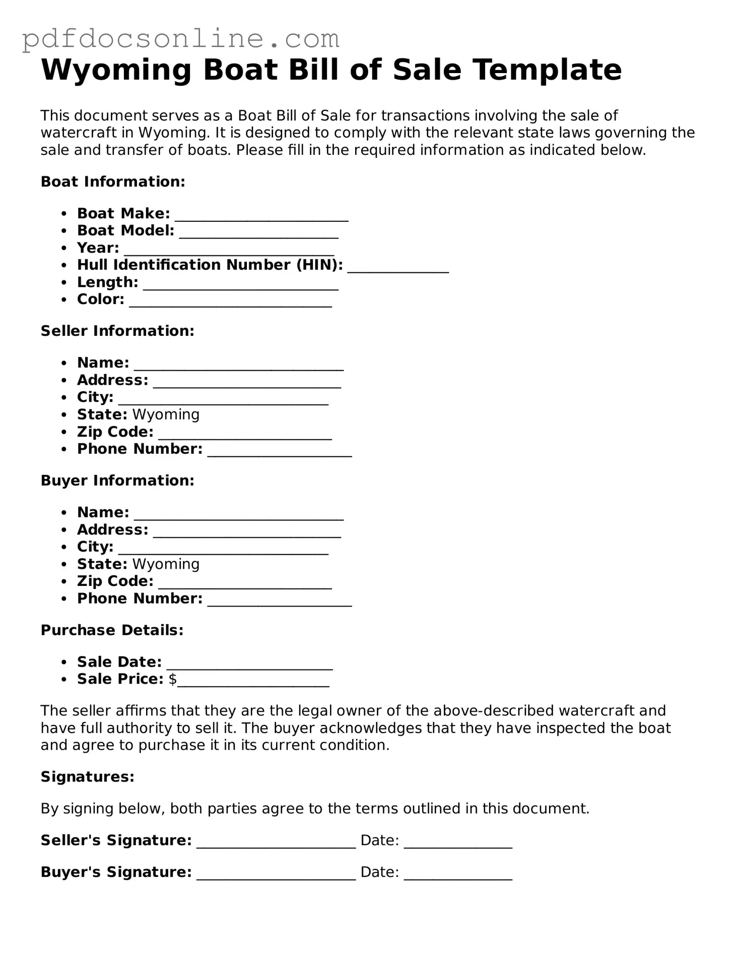 Attorney-Verified  Boat Bill of Sale Form for Wyoming