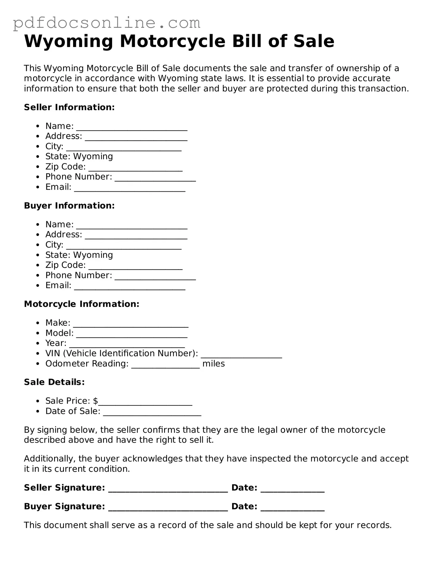 Attorney-Verified  Motorcycle Bill of Sale Form for Wyoming