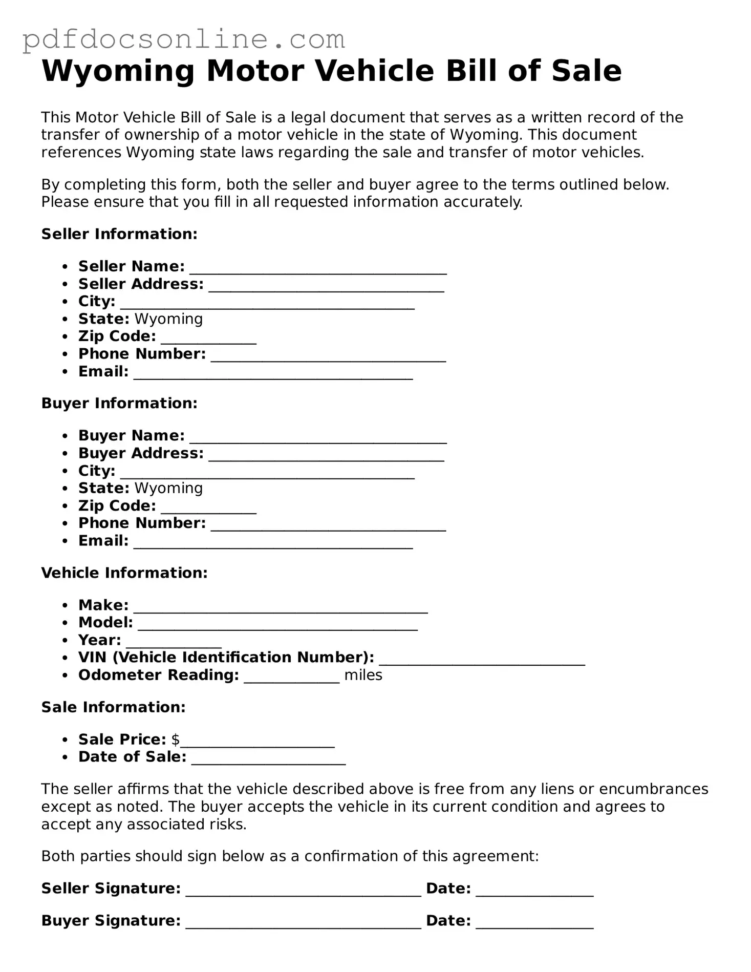 Attorney-Verified  Motor Vehicle Bill of Sale Form for Wyoming