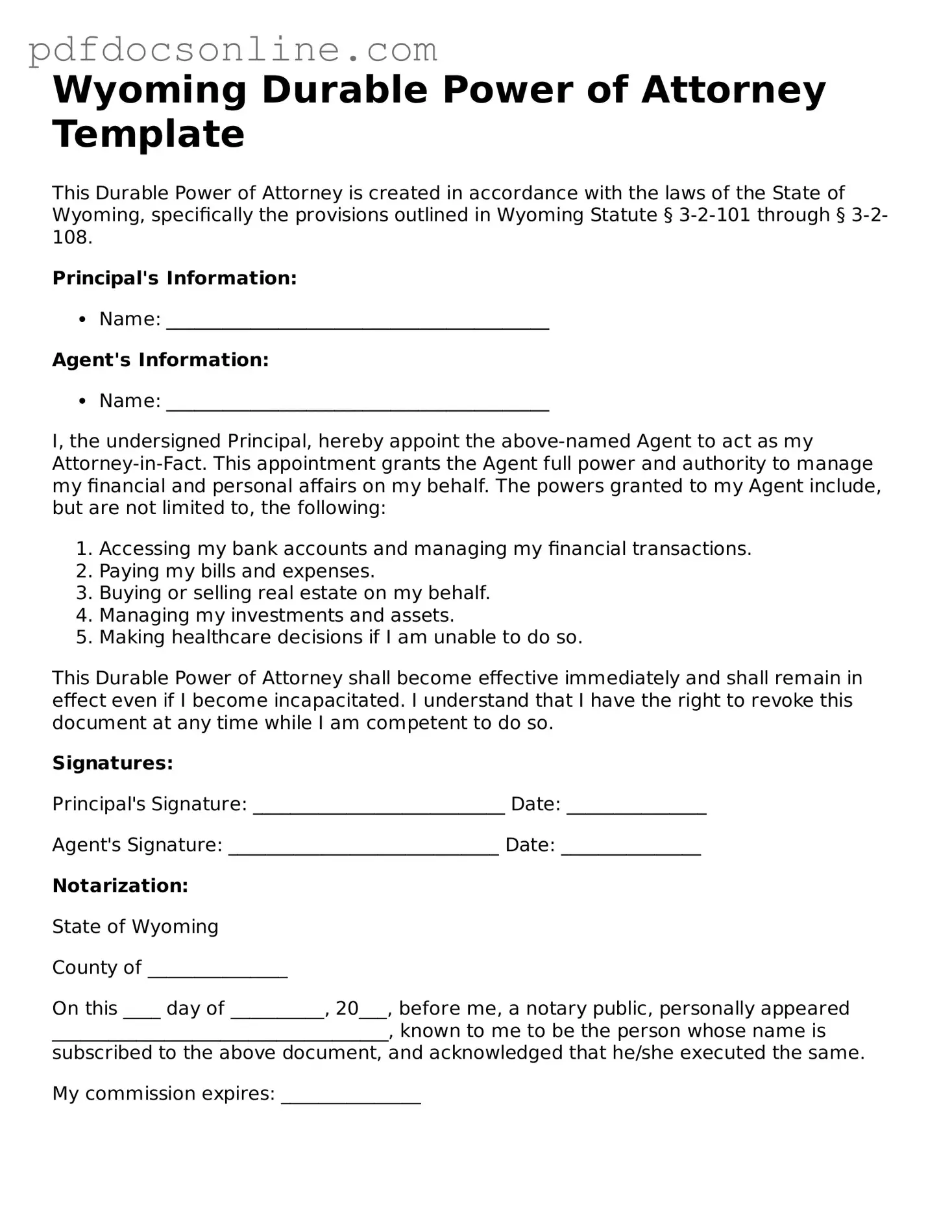Attorney-Verified  Durable Power of Attorney Form for Wyoming