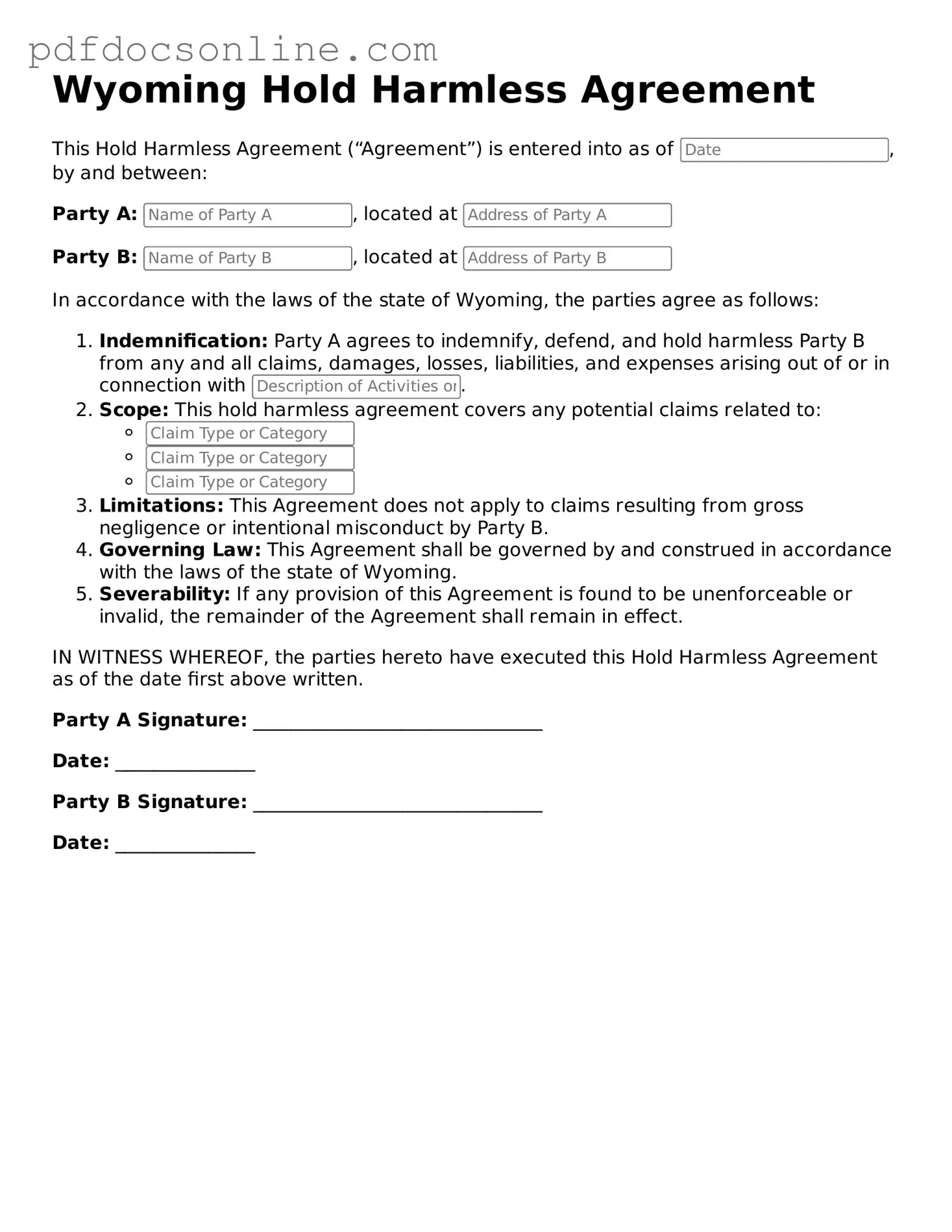 Attorney-Verified  Hold Harmless Agreement Form for Wyoming