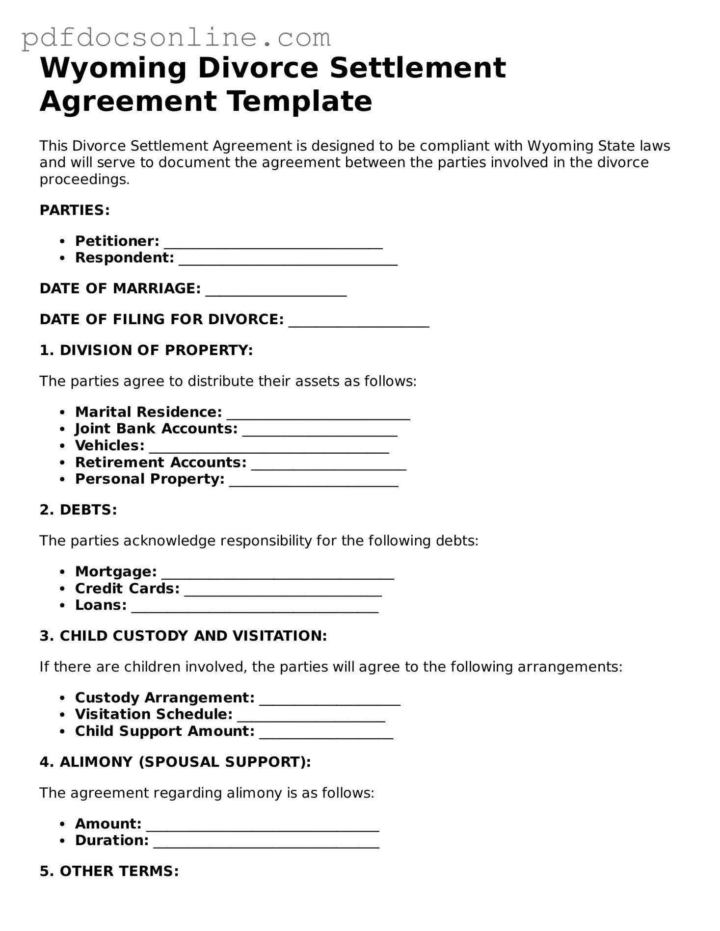 Attorney-Verified  Divorce Settlement Agreement Form for Wyoming